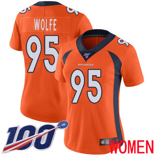 Women Denver Broncos #95 Derek Wolfe Orange Team Color Vapor Untouchable Limited Player 100th Season Football NFL Jersey